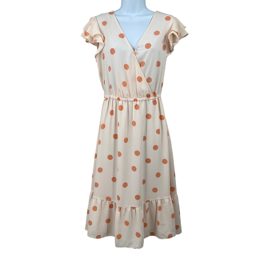 LC Lauren Conrad Dress Womens M Peach Cream Polka Dot Ruffle Boho Whimsical Airy